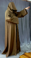 Robe:R187, Robe Style:Jedi Robe Episode I Obi-Wan, Robe Color:Brown, Front/Collar:Hooded with Brown cloth-covered hook and eye, Approx. Size:L to XL, Fiber:Tropical Weight Worsted Wool Suiting, Neck:22", Sleeve:37", Chest:50", Length:63", Height:Up to 6' 3".