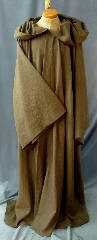 Robe:R200, Robe Style:Jedi Robe, Episode I Obi-Wan, Robe Color:Heathered Light Brown, Front/Collar:Hooded with Brown cloth-covered hook and eye, Approx. Size:XXL to XXXXL, Fiber:Washed Tropical Weight Worsted Wool Suiting, Neck:Up to 20", Neck Length:25", Sleeve:38", Chest:Up to 72", Length:72", Height:Up to 7'.
