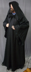 Robe:R205, Robe Style:Sith, Robe Color:Black, Front/Collar:Hooded with Black cloth-covered hook and eye, Approx. Size:L to XXXXL, Fiber:Wool Flannel, Neck:24", Sleeve:35", Chest:60", Length:62", Height:up to 6' 2".