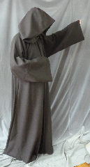 Robe:R209, Robe Style:Anakin EP3, Robe Color:Dark Brown, Front/Collar:Hooded with Brown cloth-covered hook and eye, Fiber:Merino wool with Spandex, Neck:22", Sleeve:40", Chest:50", Length:61", Height:up to 6' 1", Note:Dry clean only.