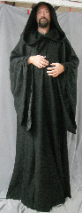 Robe:R231, Robe Style:Emperor Palpatine / Darth Sidious Outer Robe, Robe Color:Black, Front/Collar:Hooded with Black enamel painted pewter clasp, Approx. Size:3X - 5X, Fiber:Wool Broken Weave Twill, Lightweight, Neck:25", Sleeve:39", Chest:68", Length:70", Height:Up to 7' 8".