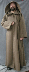 Robe:R234, Robe Style:Obi-Wan Jedi Robe, Robe Color:Brown, Front/Collar:Hooded with Brown cloth-covered hook and eye, Fiber:Polyester Moleskin, Neck:22", Sleeve:34", Chest:50", Length:61", Height:up to 5' 11".