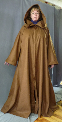 Robe:R248, Robe Style:Obi-Wan Jedi Robe, Robe Color:Cinnamon Brown, Front/Collar:Hooded with Brown cloth-covered hook and eye, Fiber:100% Wool Melton, Neck:25", Sleeve:39", Chest:Up to 72", Length:63", Height:Up to 6' 3".