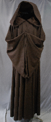 Robe:R264, Robe Style:Qui Gon Robe, Robe Color:Brown, Front/Collar:Hooded with Brown cloth-covered hook and eye, Approx. Size:M to XL, Fiber:80% Wool/20% Nylon, Neck:20", Sleeve:37", Chest:76", Length:62", Height:Up to 6' 2", Note:Medium weight with pointed sleeves.<br>Can be converted to Anakin as well.<br>Dry Clean only..