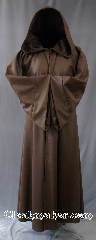 Robe:R273, Robe Style:Qui Gon Jin Robe, Robe Color:Deep Chocolate Brown, Front/Collar:Hooded with Brown cloth-covered hook and eye, Fiber:80% Wool/20% Nylon Flannel, Neck:20.5", Sleeve:32", Chest:48", Length:56", Height:Up to 5' 8".
