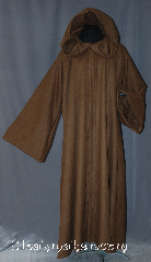 Robe:R289, Robe Style:Obi-Wan Jedi Robe, Episode IV, Robe Color:Medium Brown, Front/Collar:Hooded with Brown cloth-covered hook and eye, Fiber:80% 20% Wool Nylon, Neck:26", Sleeve:40", Chest:66", Length:60", Height:Up to 6', Note:Modeled after Obi Wan from Episode 4.<br>This medium brown robe<br>has a felted texture.<br>With classic fold over sleeves<br>and large hood.<br>Dry clean only..