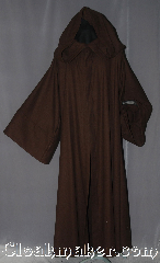 Robe:R299, Robe Style:Qui Gon Jin Robe, Robe Color:Brown, Front/Collar:Hooded with Brown cloth-covered hook and eye, Approx. Size:M to XL, Fiber:80% Wool/20% Nylon, Neck:26", Sleeve:36", Chest:58", Length:63", Height:Up to 6' 3". Can be shortened, Note:Comfortable to wear around<br>the house and around town.<br>This medium weight hooded<br>robe with brown cloth-covered<br>hook and eye clasp<br>with pointed sleeves is<br>modeled after Qui Gon.<br>Can be converted to Anakin as well.<br>Dry Clean only. M to XL.