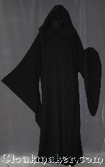 Robe:R304, Robe Style:Sith or Holocaust Style Cloak, Robe Color:Black, Front/Collar:Hooded with Black cloth-covered hook and eye, Fiber:Polyester blend, Neck:25", Sleeve:40", Chest:86", Length:65", Height:Up to 6' 5". Can be shortened, Note:With a large hood and wide pointed sleeves<br>this robe has a dramatic presence for<br>members of the dark and light<br>side of the force.<br>Made of a light polyester<br>blend with a striped texture.<br>Machine Washable..