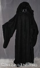 Robe:R312, Robe Style:Emperor Palpatine style Robe, Robe Color:Black, Fiber:Fleece, Neck:26", Sleeve:46", Chest:Up to 80", Length:63", Height:Up to 6' 3". Can be shortened, Note:Hooded with hidden<br>hook and eye clasp<br>light weight with cording<br>in the hood and adjustable<br>ruch on the sleeves.<br>Machine washable cold gentle,<br>tumble dry low.<br>Note made of smooth fabric<br>not 501 compliant..