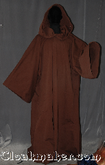 Robe:R320, Robe Style:Obi-Wan Jedi Robe, Robe Color:Brown, Fiber:Cotton Lycra, Neck:25", Sleeve:36", Chest:Up to 62", Length:64", Height:Up to 6' 4"<br>Can be shortened, Note:Comfortable to wear<br>around the house<br>and around town.<br>This hooded Jedi style robe<br>is made of a bottom<br>weight cotton blend.<br>Distressed with slight<br>fading in places<br>Machine washable..