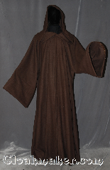 Robe:R323, Robe Style:Anakin Episode III, Robe Color:Olive Brown, Fiber:Wool / Polyester blend, Neck:22.5", Sleeve:37", Chest:Up to 74", Length:62", Height:Up to 6' 2"<br>Can be shortened, Note:Comfortable to wear<br>around the house<br>and around town.<br>This hooded Jedi style robe<br>is made of an olive<br>brown wool blend.<br>With a hidden modern<br>rope clasp closure.<br>Dry clean only.