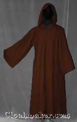 Robe:R325, Robe Style:Anakin or Qui-Gon robe<br>with pockets, Robe Color:Brown, Fiber:Wool Blend, Neck:23", Sleeve:32', Chest:Up to 54", Length:54", Note:Comfortable to wear<br>around the house<br>and around town.<br>This hooded Jedi style robe<br>is made of a brown<br>rough wool blend<br>With a hidden modern<br>rope clasp closure.<br>Machine washable<br>with side pockets..