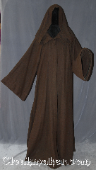 Robe:R334, Robe Style:Anakn Episode III Robe, Robe Color:Brown, Fiber:Cotton poly flannel, Neck:22", Sleeve:33", Chest:Up to 66", Length:60", Note:Comfortable to wear<br>around indoors<br>and around town.<br>This hooded Jedi style robe<br>is made of a brown Cotton poly flannel. <br>With a hidden modern<br>rope clasp closure.<br>Machine washable.