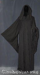 Robe:R343, Robe Style:Mace Windu / Qui Gon Jinn, Robe Color:Brown black tight chevron, Fiber:Wool blend Suiting Machine washable, Neck:23", Sleeve:36", Chest:Up to 49", Length:65", Note:A soft, lightweight robe<br>with a hood and an open front,<br>this garment is easy to<br>move in and is perfect for<br>LARP events or serious occasions.