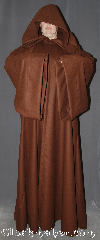 Robe:R376, Robe Style:Obi-Wan Jedi Robe<br>WITH small POCKETS, Robe Color:Dark caramel, Fiber:Wool Flannel, Neck:25", Sleeve:36.5", Chest:60", Length:65", Height:Up to 6'4", Note:Modeled after Obi Wan<br>from Episode III<br>This heavy dark caramel robe<br>has a woven wool flannel for cold events.<br>With classic fold over sleeves<br>and large hood.<br>Dry clean only..