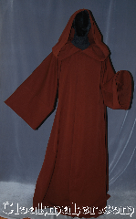 Robe:R379, Robe Style:Obi-Wan Jedi Robe, Robe Color:Brown Rust, Fiber:Cotton Lycra, Neck:23", Sleeve:35", Chest:Up to 52", Length:62", Height:Up to 6' 1"<br>Can be shortened, Note:Comfortable to wear<br>around the house<br>and around town.<br>This hooded Jedi style robe<br>is made of a bottom<br>weight cotton blend.<br>Machine washable..