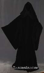 Robe:R399, Robe Style:Emperor Palpatine / Darth Sidious Outer Robe, Robe Color:Black, Front/Collar:Hooded with Black enamel painted pewter clasp, Fiber:100% cotton velvet, Neck Length:23", Sleeve:33" (adjustable 3" each way), Chest:Fits up to 52" (56"), Length:62", Height:Up to 6'1", Note:Join the dark side with<br>Emperor Palpatine's heavy<br>weight 100% cotton velvet with<br>cording in the extra large hood<br> and adjustable ruch<br>on the sleeves.<br>machine washable. <br>NOT 501st Compliant for Emperor Palpatine.