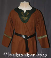 brown/green Tunic with contrasting green cotton fabric and gold celtic dragon and knot embroidery trimmed with cross: gold, green, white, brown trim